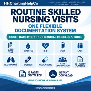 Puede incluir: Un documento educativo digital para enfermeros de atención domiciliaria titulado Routine Skilled Nursing Visits. Presenta un sistema de documentación flexible con un marco central y 10 módulos clínicos que incluyen diabetes, insuficiencia cardíaca y heridas.