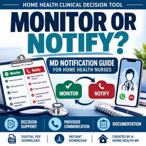 May include: A Home Health Clinical Decision Tool titled Monitor or Notify? MD Notification Guide for Home Health Nurses. Includes a clipboard with a checklist, a smartphone showing a doctor icon, a stethoscope, and icons for decision support.