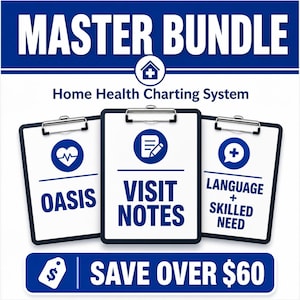 May include: A graphic with the text "MASTER BUNDLE" and "Home Health Charting System". It features three clipboards with icons and text: "OASIS", "VISIT NOTES", and "LANGUAGE + SKILLED NEED". A banner reads "SAVE OVER $60".