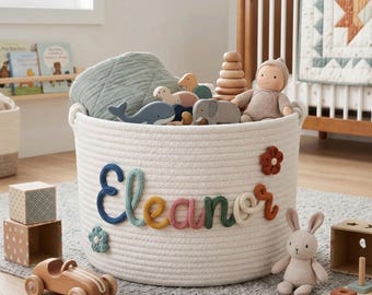 Personalized Woven Basket – Custom Name Storage Basket for Baby Toys, Nursery Organizer or Pet Toy Bin, Handmade Gift