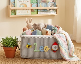 Cesta de bebé personalizada con nombre, caja de almacenamiento para guardería personalizada, cesta de regalo para baby shower, set de regalo para recién nacido, regalo para bebé niño o niña, organizador de juguetes