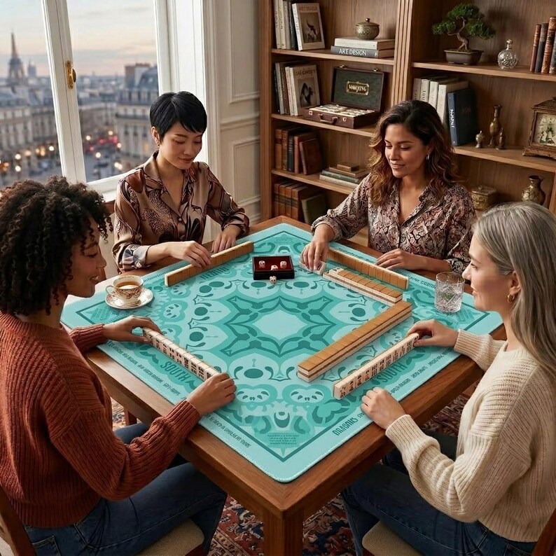 May include: Four people are gathered around a wooden table playing a game of Mahjong. The table has a teal mat with a geometric design. The players are holding wooden tiles and the game is set up with dice and a cup of tea.