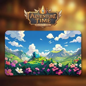 May include: A rectangular playmat featuring a vibrant landscape with a blue sky, fluffy white clouds, and green hills. The mat showcases a colorful floral foreground and a blue character. The Adventure Time logo is at the top.