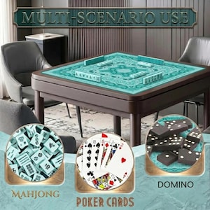 May include: A brown square game table with a teal patterned surface, set up for Mahjong. The image also shows a pile of Mahjong tiles, a hand of poker cards, and a set of dominoes. The text "MULTI-SCENARIO USE" is at the top.