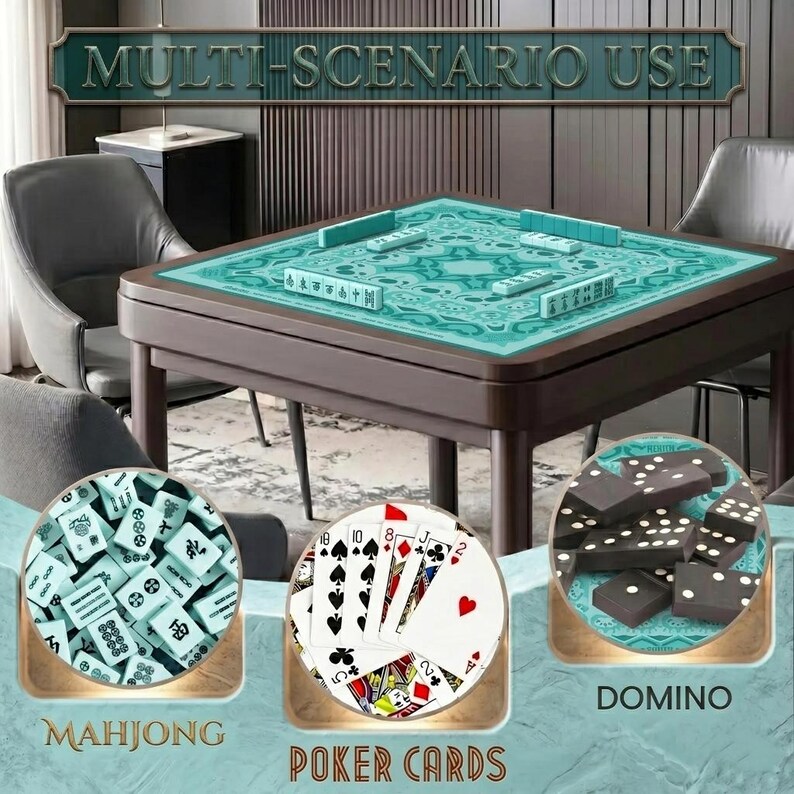 May include: A brown square game table with a teal patterned surface, set up for Mahjong. The image also shows a pile of Mahjong tiles, a hand of poker cards, and a set of dominoes. The text "MULTI-SCENARIO USE" is at the top.