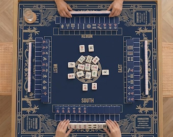 Luxury Dragon & Bamboo Mahjong Playmat | Navy and Gold Professional Table Protector | Unique Mahjong Gift with Charleston Rules Reference