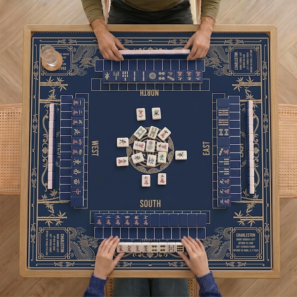 Luxe mahjongspeelmat draken en bamboe | Marineblauwe en gouden professionele tafelbeschermer | Uniek mahjongcadeau met referentie naar Charleston-regels