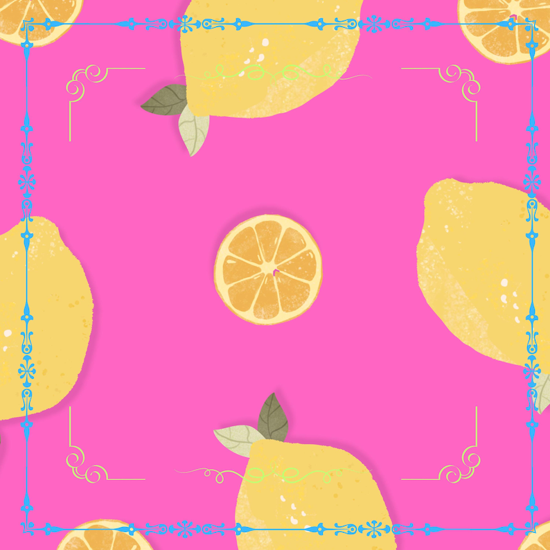 May include: A vibrant pink background with a repeating pattern of yellow lemons and lemon slices. The lemons have green leaves and are outlined with a blue and gold decorative border. The design is bright and cheerful.
