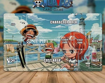 One Piece Card Game Playmat with Zones - Chibi Luffy Zoro Nami OPCG Mat - Anime TCG Desk Mat - Straw Hat Pirates Tabletop Gaming Accessories