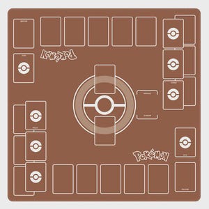 May include: A brown playmat for a card game, featuring a white layout with spaces for cards, a central game area, and the word "Pok&eacute;mon". The mat includes areas for decks, prizes, and discard piles.