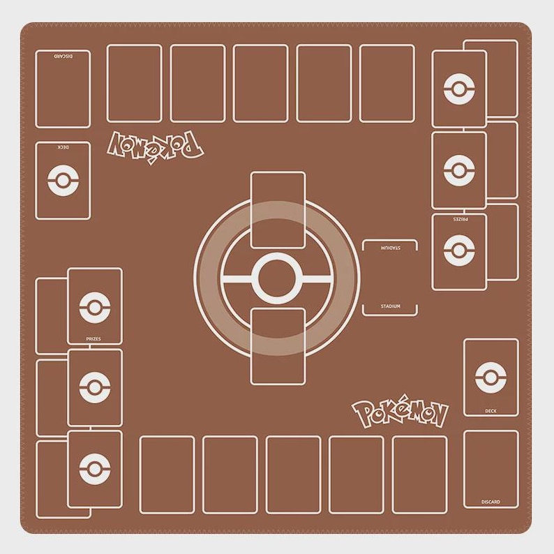 May include: A brown playmat for a card game, featuring a white layout with spaces for cards, a central game area, and the word "Pok&eacute;mon". The mat includes areas for decks, prizes, and discard piles.