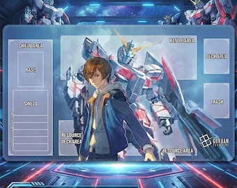 Gundam Card Game Playmat Unicorn Gundam & Banagher Links–GCG TCG Desk Mat with Zones–24x14 Gaming Mat–Mobile Suit Gundam Unicorn Card Mat