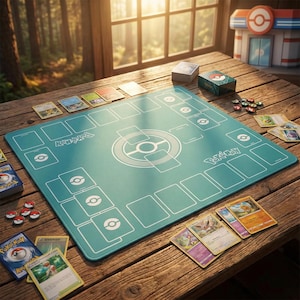 May include: A teal and white Pok&eacute;mon playmat with card slots and a central logo, surrounded by trading cards, dice, and a miniature Pok&eacute;mon Center on a wooden table. The scene is lit by sunlight.