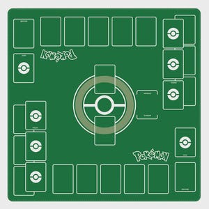 May include: A green Pok&eacute;mon playmat with white outlines and text. The mat features designated areas for cards, including deck, prizes, and discard zones. The Pok&eacute;mon logo is prominently displayed, along with a central play area.