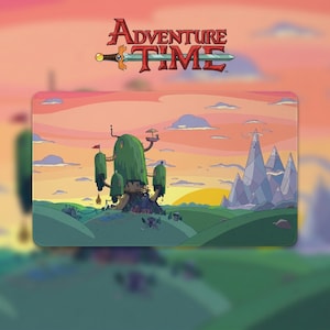 May include: A rectangular Adventure Time mousepad featuring a colorful landscape with a treehouse, mountains, and a setting sun. The Adventure Time logo is at the top. The color palette includes shades of orange, green, and blue.