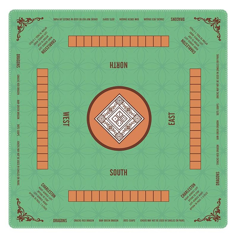 May include: A square Mahjong mat in light green with a repeating geometric pattern. It features four orange tile racks, directional labels for North, South, East, and West, and a central square design with dice icons. Text includes Charleston rules.