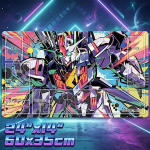 May include: A rectangular playmat featuring a colorful illustration of a Gundam robot. The mat is 24" x 14" and has designated areas for base, shields, deck, trash, resource deck, and resource area. The design incorporates vibrant blues, purples, and yellows.