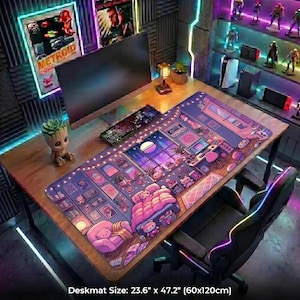 May include: A desk setup featuring a large, colorful deskmat with a cartoon bedroom scene. The desk also has a computer monitor, keyboard, and a small Groot figurine. The deskmat measures 23.6" x 47.2".