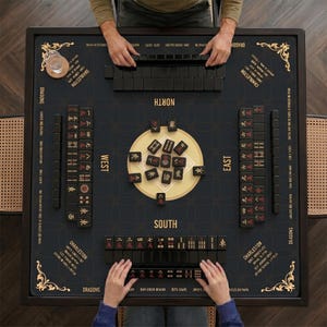 May include: A black Mahjong game set with gold accents. The game board is square with a dark surface and decorative corner designs. The set includes black tiles, and the game is being played by multiple people.