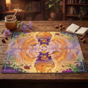 May include: A rectangular playmat with a whimsical design featuring a bee-like character holding a honey dipper. The mat has a purple and yellow color scheme with designated play areas and the text "PLAY AREA" and "INKWELL".