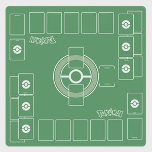 May include: A green Pok&eacute;mon playmat with a white layout for card placement. The mat features the Pok&eacute;mon logo and designated areas for decks, prizes, and other game elements. The mat is square-shaped.