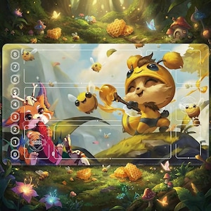 May include: A colorful playmat featuring a whimsical forest scene with cartoon characters. The mat showcases a character dressed as a bee, surrounded by bees and honeycomb. A fox-like character is also present, with the text "League of Legends".