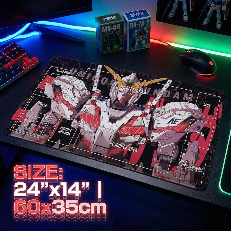 Unicorn Gundam TCG Playmat with Zones | 24x14 RX-0 Mecha Card Game Mat | GCG Accessories | Stitched Edges image 1