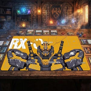 May include: Yellow and black playmat featuring a stylized robot design with the text "RX-0". The mat has designated areas for cards and dice, with the words "Battle Area", "Resource Deck Area", and "Trash".
