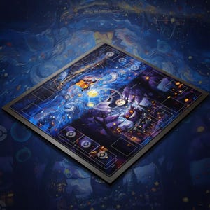 May include: A rectangular playmat featuring a vibrant, starry night design with a Pokémon theme. The mat has a dark border and includes spaces for cards and game play. The artwork showcases various Pokémon characters and a galaxy-like background.