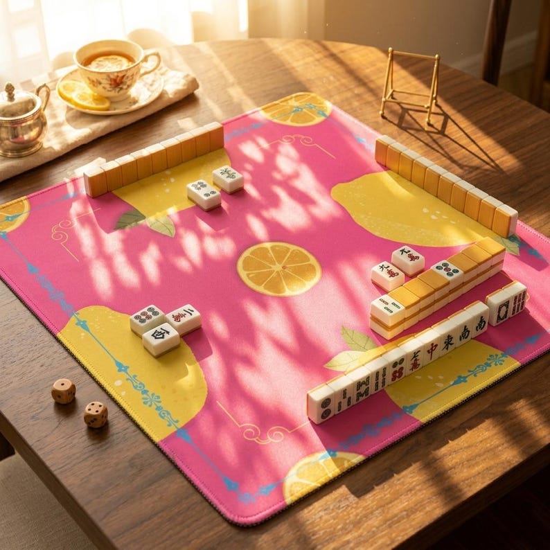 May include: A Mahjong game set on a pink and yellow mat with lemon slice designs. The set includes tiles, dice, and a tea cup. The wooden table provides a warm, inviting setting for the game.