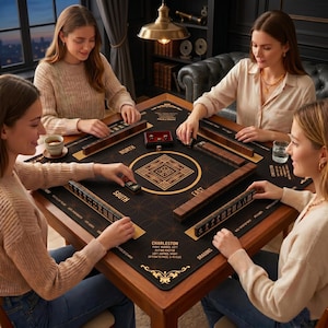 May include: A square mahjong game table with a black felt mat featuring gold printed compass directions, Charleston rules, and decorative patterns. Four players sit around the table with wooden tile racks and sets of mahjong tiles in play.