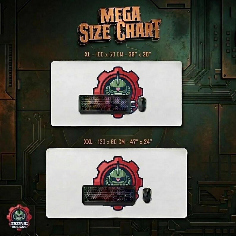 May include: A size chart for gaming mouse pads. The chart shows two white mouse pads with a red gear design and a robot graphic. The XL pad is 39" x 20", and the XXL pad is 47" x 24". The text "MEGA SIZE CHART" is at the top.