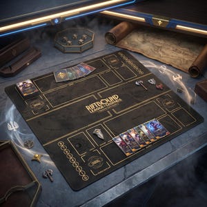 以下が含まれることがあります： 金色のアクセントが付いた、黒色のRiftbound League of Legendsトレーディングカードゲームプレイマット。マットにはカードスロット、ゲームアート、ゲームのロゴが表示されています。サイコロ、カード、ゲームピースがマット上に配置されています。