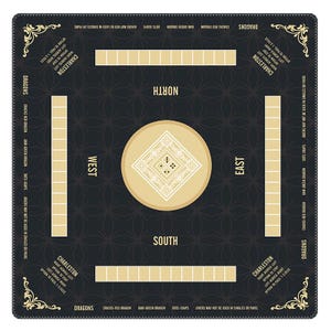 May include: A square Mahjong game mat in black with gold accents. The mat features a central circular design with a diamond pattern, four rectangular tile racks, and directional labels for North, South, East, and West. Text includes Charleston rules and Dragon suit names.