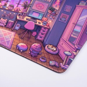 May include: A pixelated illustration of a cozy room, featuring a desk with a computer, a pink chair, and a wardrobe. The room is decorated with plants, artwork, and plush toys. A cat rests in a bed on the floor, and there are several cute, round characters.
