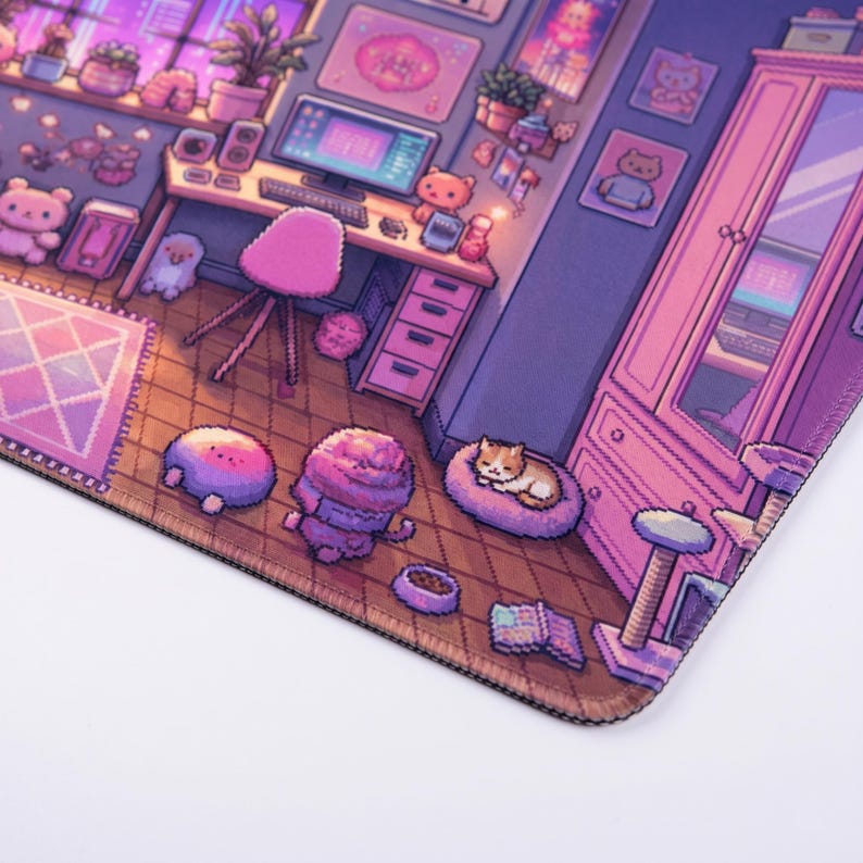 May include: A pixelated illustration of a cozy room, featuring a desk with a computer, a pink chair, and a wardrobe. The room is decorated with plants, artwork, and plush toys. A cat rests in a bed on the floor, and there are several cute, round characters.