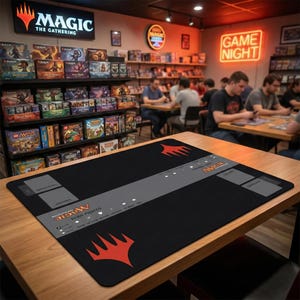 Könnte beinhalten: Schwarze Magic: The Gathering Spielmatte mit rotem Emblem und Text. Die Matte hat einen grauen Streifen mit beschrifteten Zonen für Karten und Spielphasen. Die Spielmatte liegt auf einem Holztisch in einem Spieleladen.