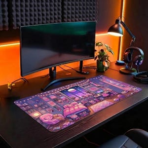 May include: A gaming desk setup featuring a large curved monitor, headphones, and a desk lamp. The desk is adorned with a colorful, illustrated mousepad depicting a cozy room scene with a bed, books, and a window with a night sky.