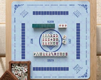 Light Blue Mahjong Mat with Instructions | Board Game Table Mat Protector | Non-Slip Noise Reduction Mahjong Play Mat | Mahjong Gift