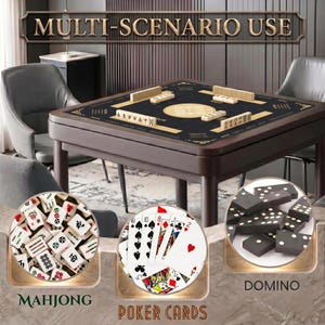 May include: A square dark brown wooden game table with a black felt surface featuring Mahjong tiles. Below, circular insets show a collection of white Mahjong tiles, a hand of five playing cards, and a set of black dominoes with white pips.
