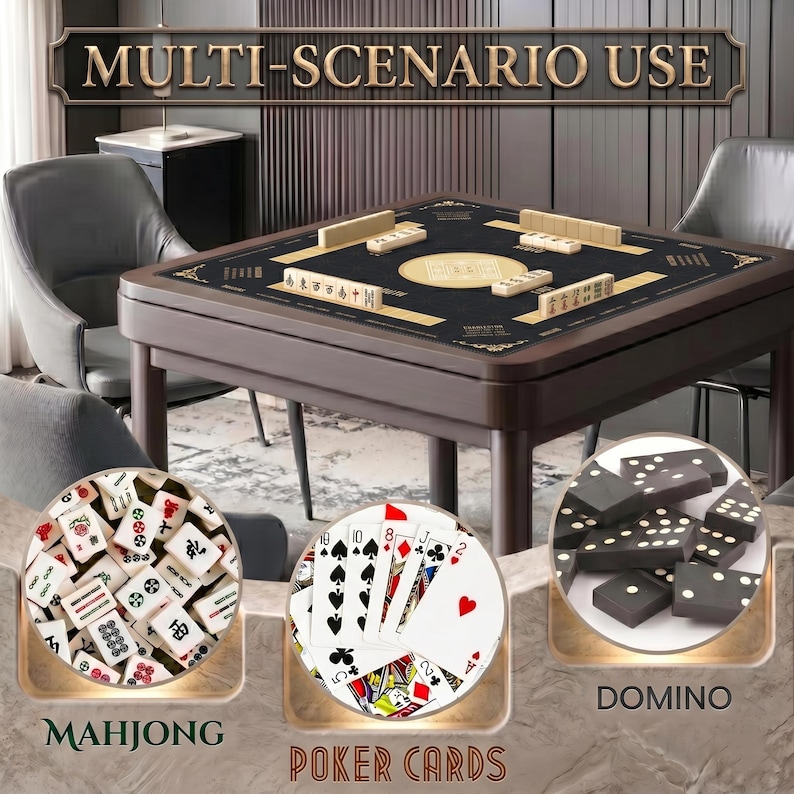 May include: A square dark brown wooden game table with a black felt surface featuring Mahjong tiles. Below, circular insets show a collection of white Mahjong tiles, a hand of five playing cards, and a set of black dominoes with white pips.