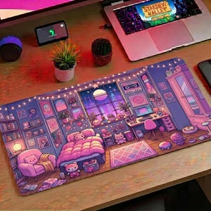 May include: A rectangular mousepad featuring a detailed illustration of a cozy bedroom scene. The design includes a bed, desk, and window with a cityscape view, all in shades of pink and purple. String lights and decorative elements add to the aesthetic.