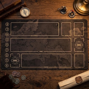 Può includere: Un tappetino da gioco nero e oro con un design a mappa e sezioni etichettate per il gioco. Il tappetino presenta il logo "League of Legends" e testi come "Battlefield", "Base" e "Runes". Il tappetino è rettangolare e si trova su una superficie di legno.