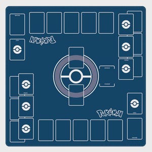 May include: A blue playmat for a card game with a white border. The mat features spaces for cards, a central game area, and the word "Pokemon" in white. The design includes areas for decks, prizes, and a discard pile.