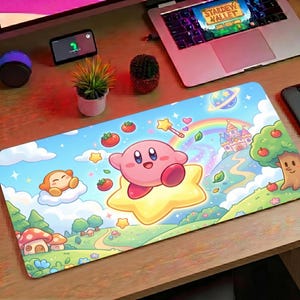 May include: A rectangular mousepad featuring a colorful cartoon scene with a pink character on a star, a rainbow, and a castle. The background includes clouds, trees, and tomatoes. The mousepad is designed for computer use.
