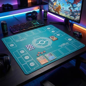 May include: A teal Pokémon playmat with a white design and card spaces. Several Pokémon trading cards and game pieces are on the mat. A keyboard, mouse, and energy drink cans are also visible.