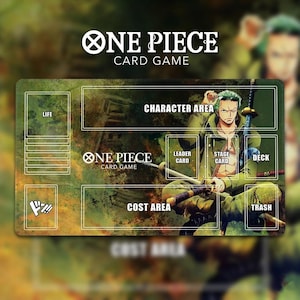 May include: A rectangular One Piece Card Game playmat featuring a green and yellow abstract background with an illustration of Roronoa Zoro. The mat includes designated zones labeled Life, Character Area, Leader Card, Stage Card, Deck, Trash, and Cost Area.