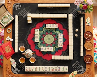 Tappetino da Mahjong Lotus Flower con istruzioni / Tappetino da gioco NMJL con regole Charleston / Tappetino da gioco con accessori per Mahjong