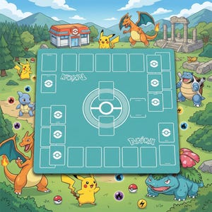 May include: A teal Pok&eacute;mon playmat featuring a central circular design and card placement areas. The mat is surrounded by cartoon Pok&eacute;mon characters like Pikachu, Charizard, and Blastoise, set against a backdrop of a forest and mountains.