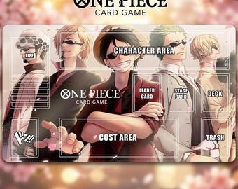 One Piece TCG Playmat - Luffy Zoro Sanji Law Suit - Custom Card Game Mat with Zones - High Quality 24x14 Stitched Edge - Anime Gaming Mat